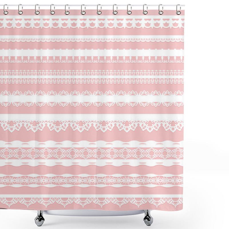 Personality  Set Of White Lace Braid Isolated On A Pink Background. Shower Curtains