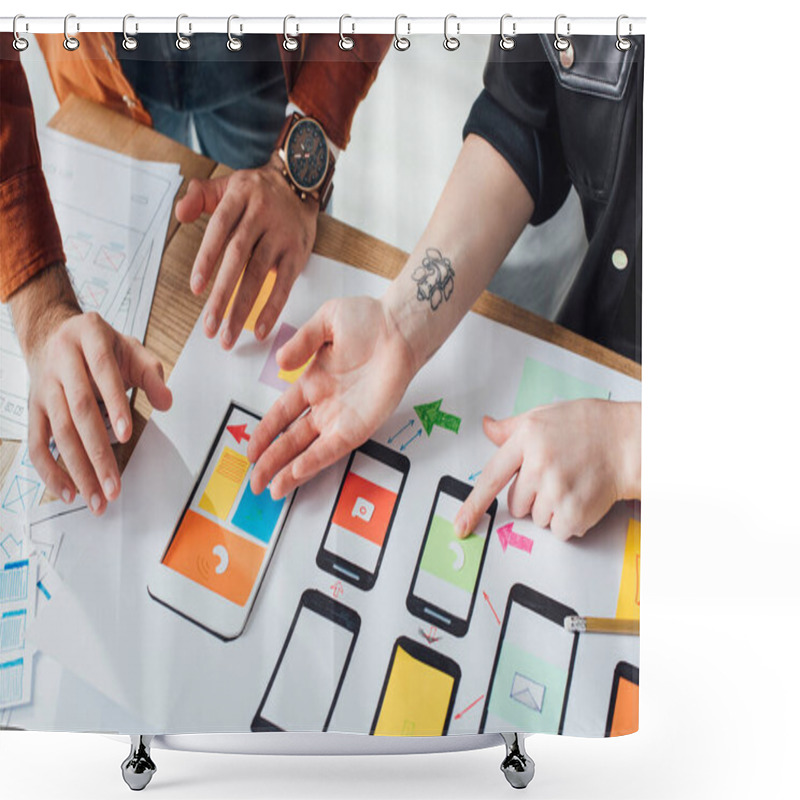 Personality  Cropped View Of Ux Designers Working With Sketches And Mobile Wireframe Layouts At Table Shower Curtains