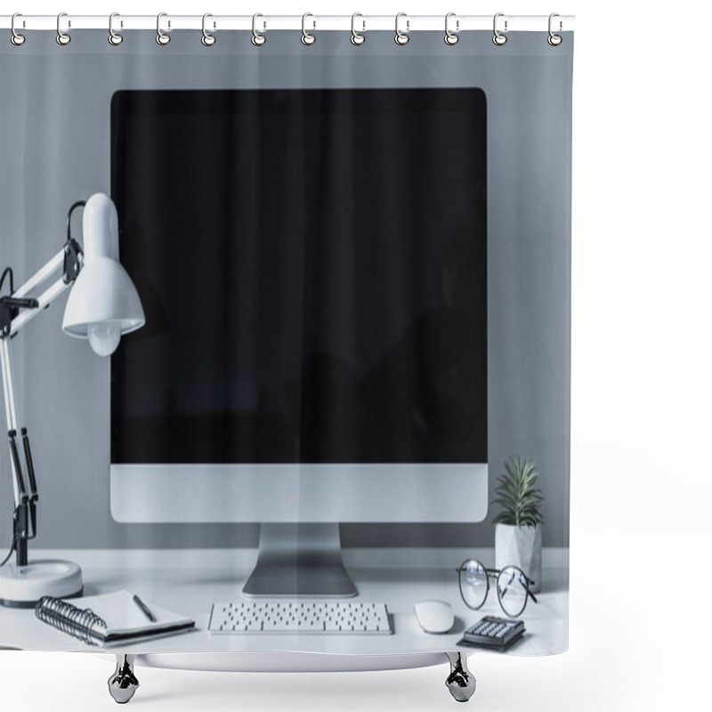 Personality  Working Place With Computer, Table Lamp And Notebook Shower Curtains