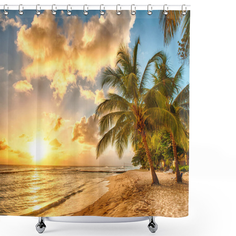 Personality  Beautiful Sunset Over The Sea With A View At Palms On The White Beach On A Caribbean Island Of Barbados Shower Curtains