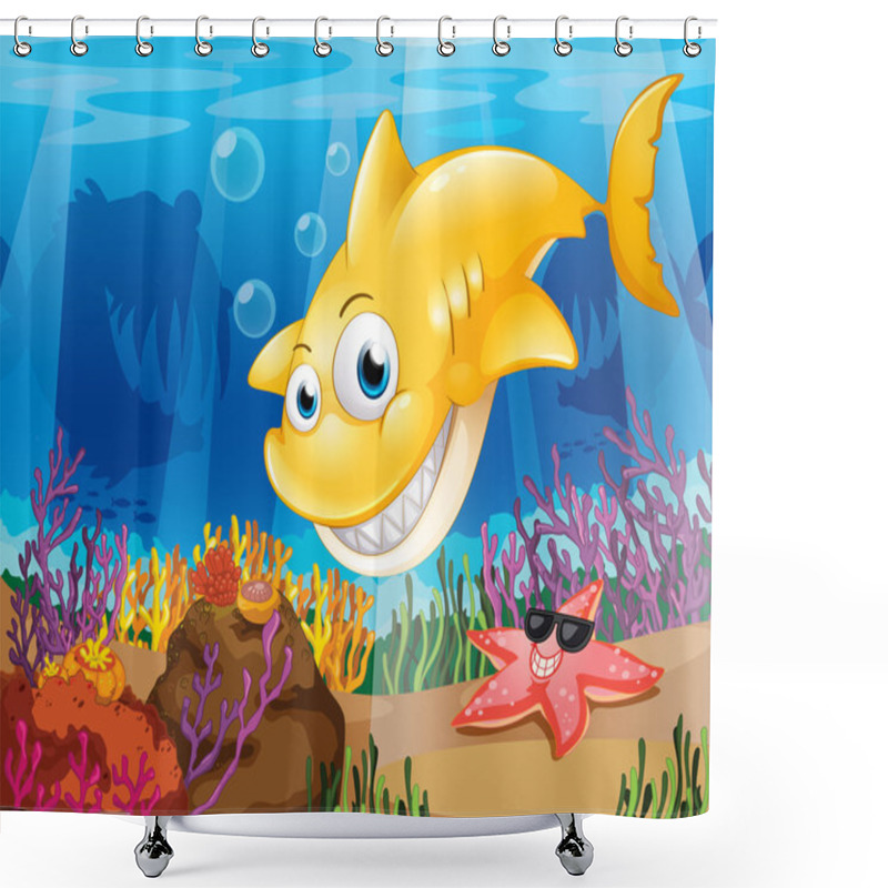 Personality  A Yellow Shark Under The Sea With Starfish And Corals Shower Curtains