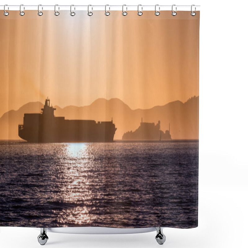 Personality  Alcatraz Island Penitentiary At Sunset And Merchant Ship Shower Curtains