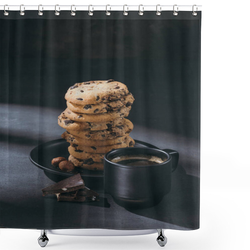 Personality  Stack Of Chocolate-chip Cookies On Plate With Cup Of Coffee On Black Surface Shower Curtains