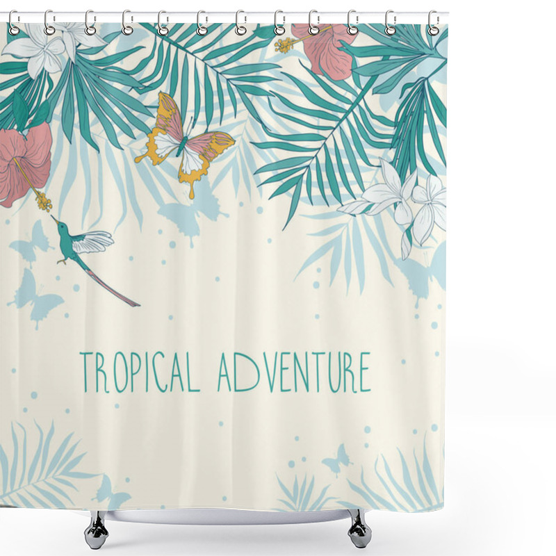 Personality  Banner With Place For Text And Tropical Flowers, Palm Leaves And Butterflies Shower Curtains