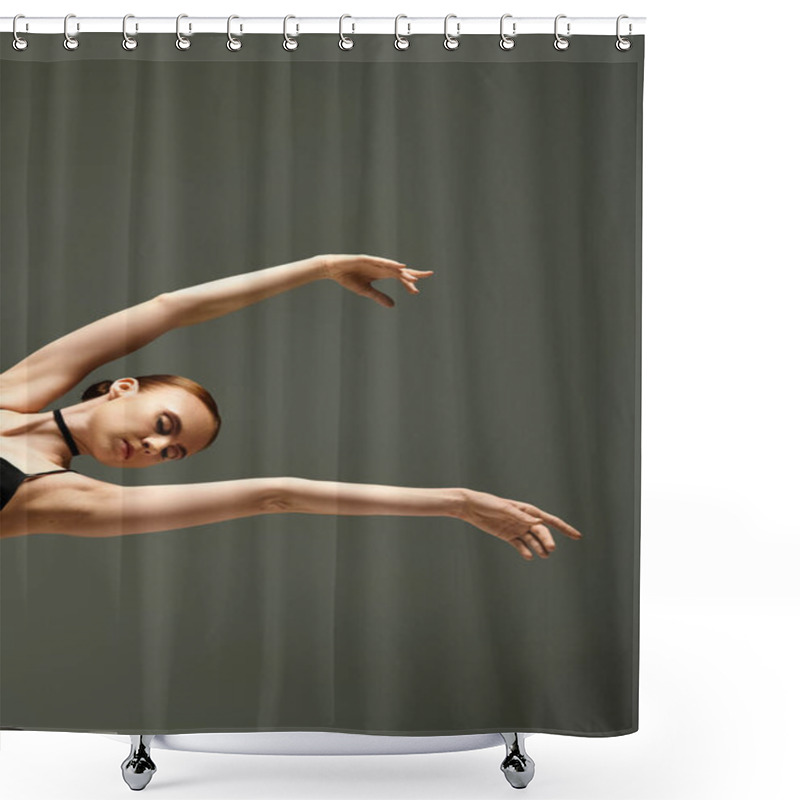 Personality  Talented Young Ballerina Gracefully Performs A Stunning Trick In A Black Leotard. Shower Curtains