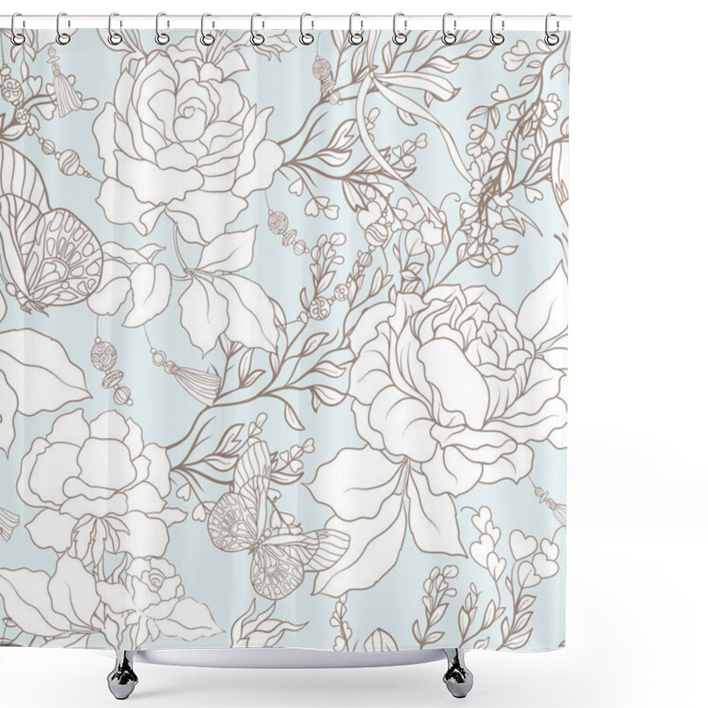 Personality  Roses. Seamless Pattern. Stock Line Vector Illustrator. Shower Curtains