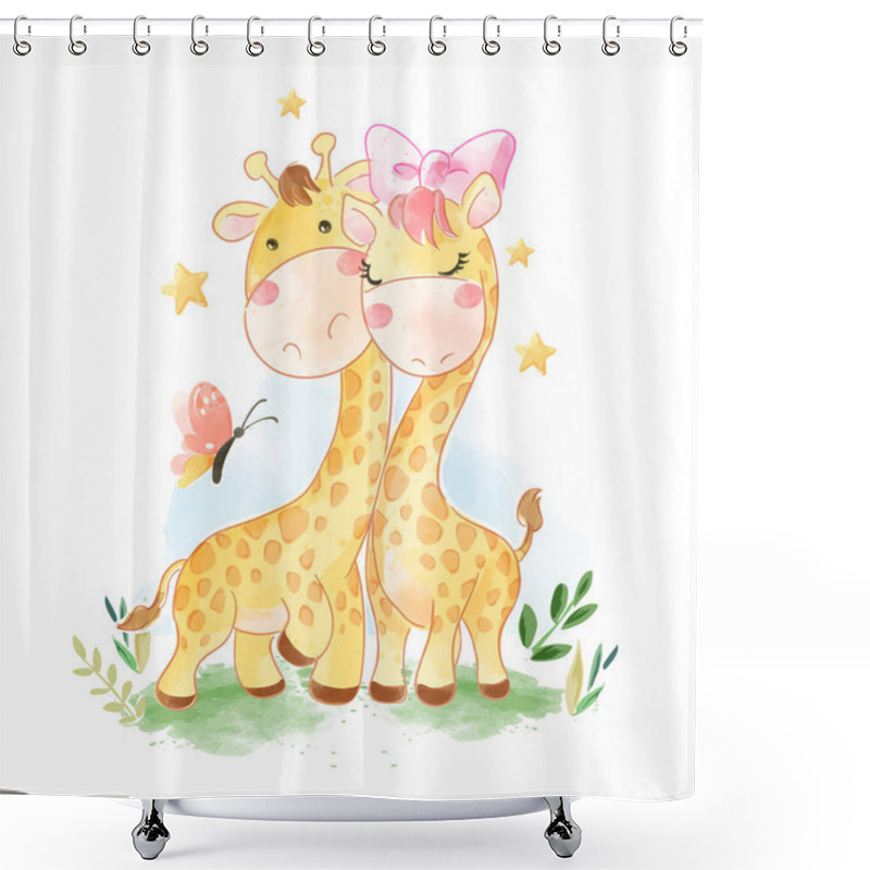 Personality  Cartoon Giraffe Couple Illustration Shower Curtains