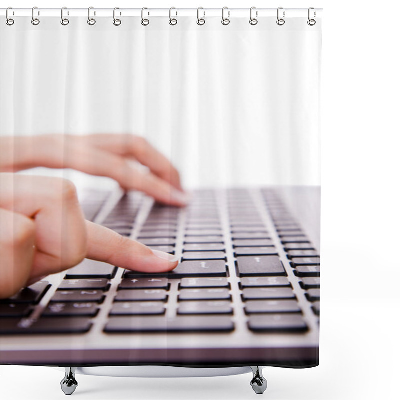 Personality  Close-up Of Secretary Hand Touching Computer ENTER Key During Wo Shower Curtains