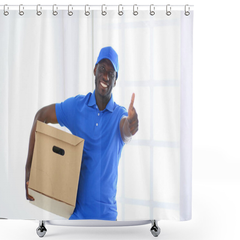 Personality  Portrait Of An Handsome Happy Deliverer With Box Shower Curtains