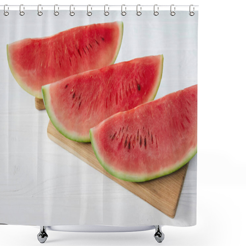 Personality  Close Up View Of Arranged Watermelon Pieces On Cutting Board On White Wooden Tabletop Shower Curtains