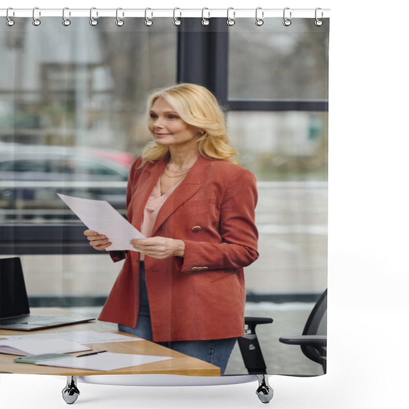 Personality  A Woman Stands At A Desk, Holding A Paper. Shower Curtains