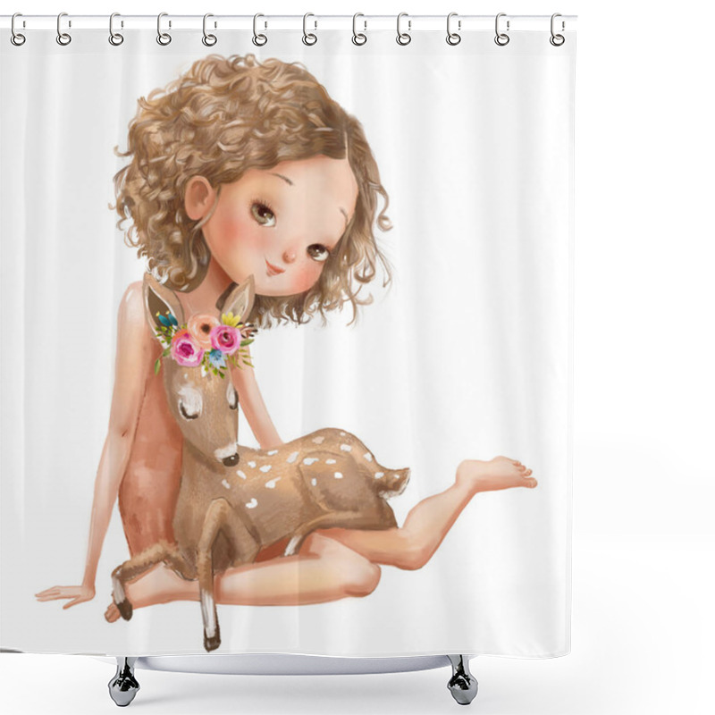 Personality  Cute Cartoon Girl With Deer Shower Curtains