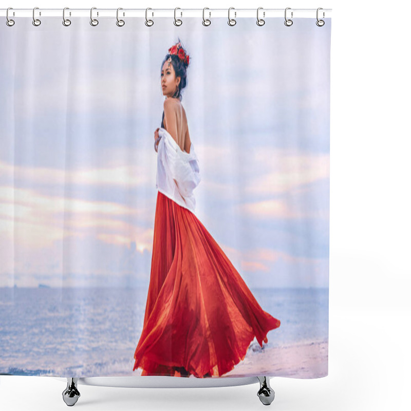 Personality  Beautiful Young Stylish Boho Woman Walking On The Beach At Sunset Shower Curtains