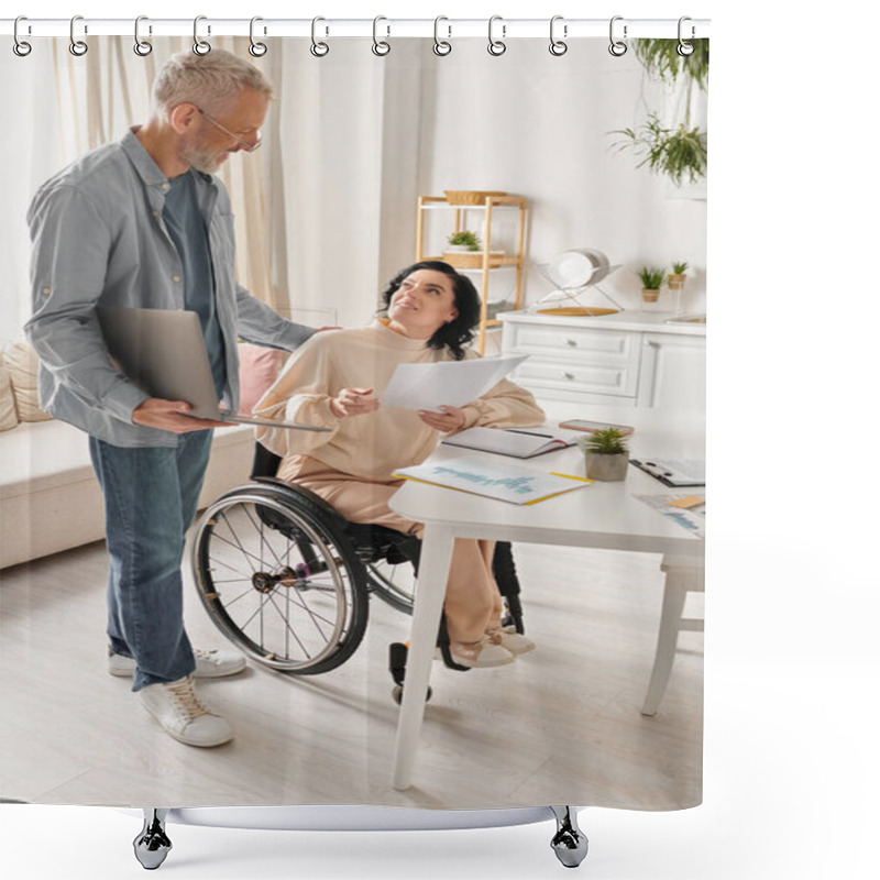 Personality  A Disabled Woman In A Wheelchair And Her Husband In A Wheelchair Joyfully Work Together In Their Kitchen At Home. Shower Curtains