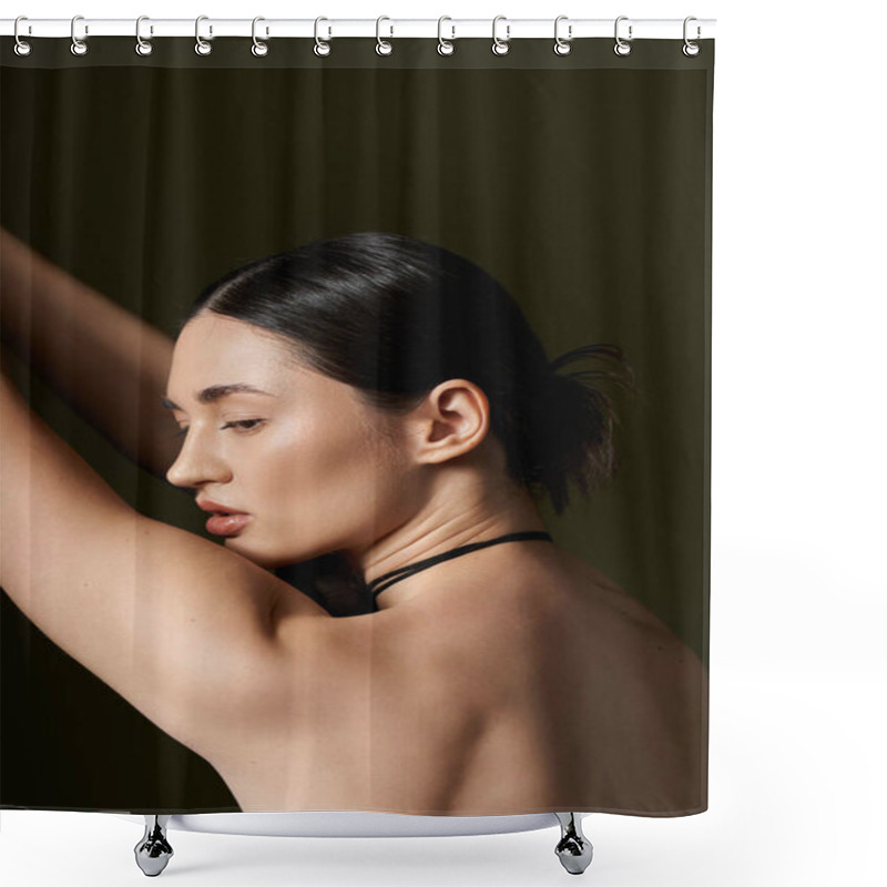 Personality  A Young Woman With Dark Brown Hair Poses Against A Black Backdrop Shower Curtains