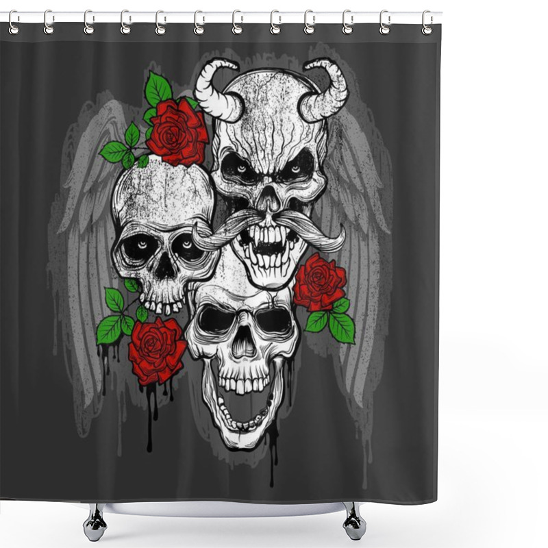 Personality  Skulls With Roses And Wings Typography, T-shirt Graphic Shower Curtains