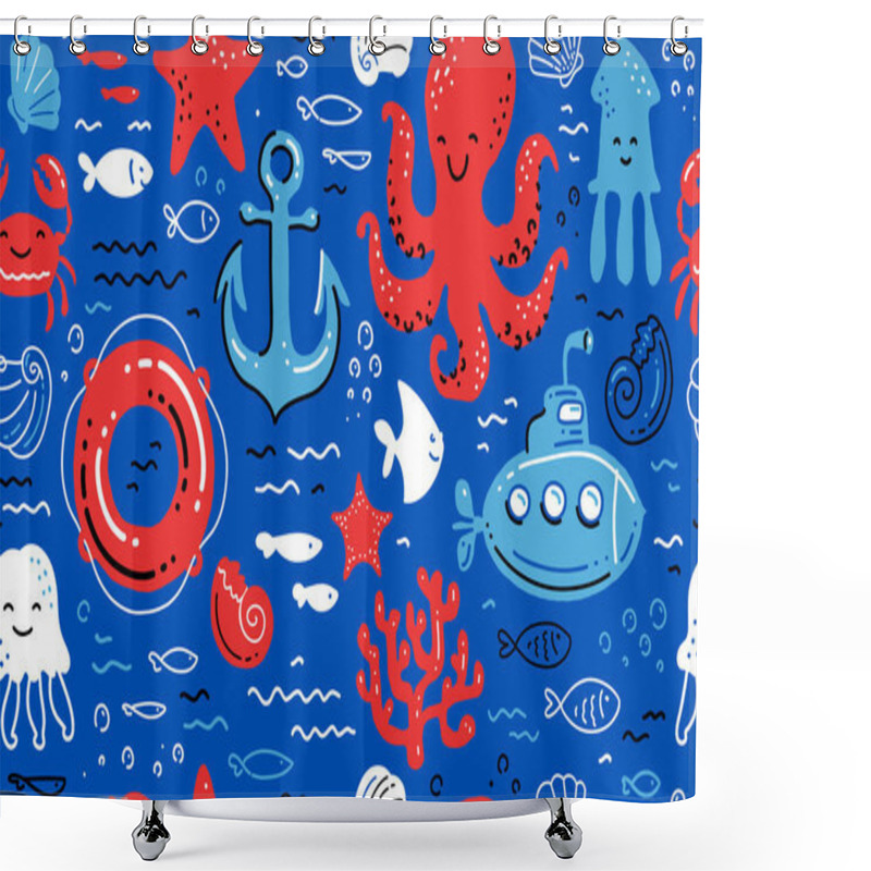 Personality  Nautical Seamless Background. Marine Bright Pattern. Childish Cute Cartoon Vector Illustration Shower Curtains