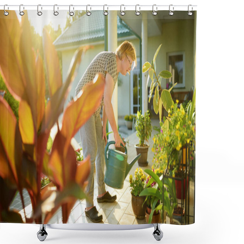 Personality  Senior Woman Watering Blossoming Plants On Terrace Of House Shower Curtains