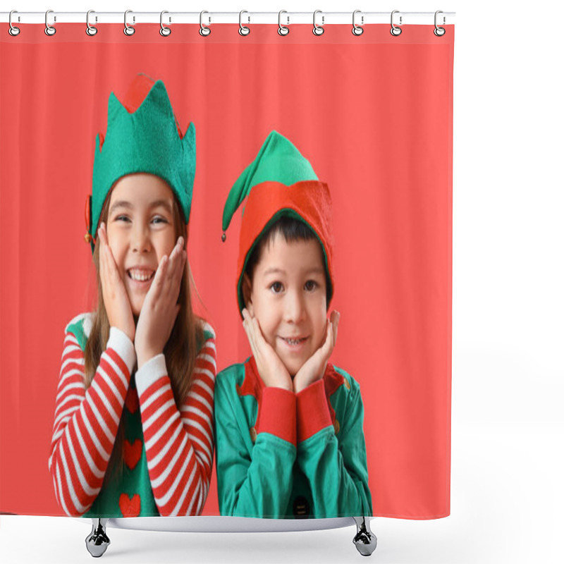 Personality  Cute Little Children Dressed As Elves On Red Background, Closeup Shower Curtains