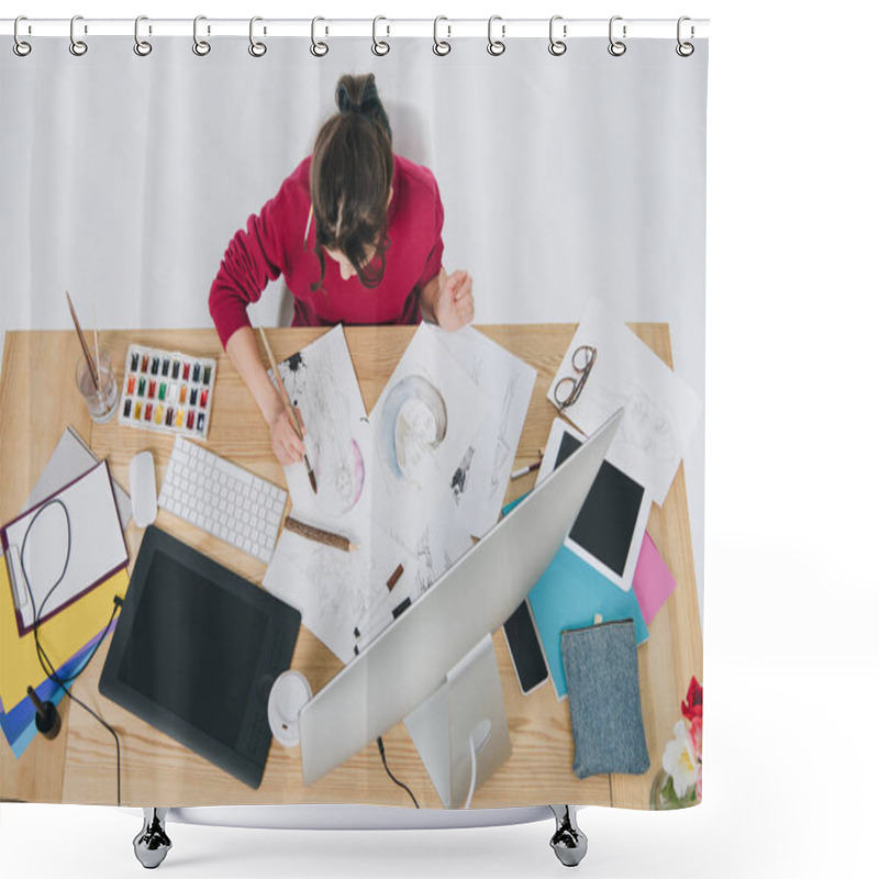 Personality  Pretty Lady Drawing By Table With Computer Shower Curtains