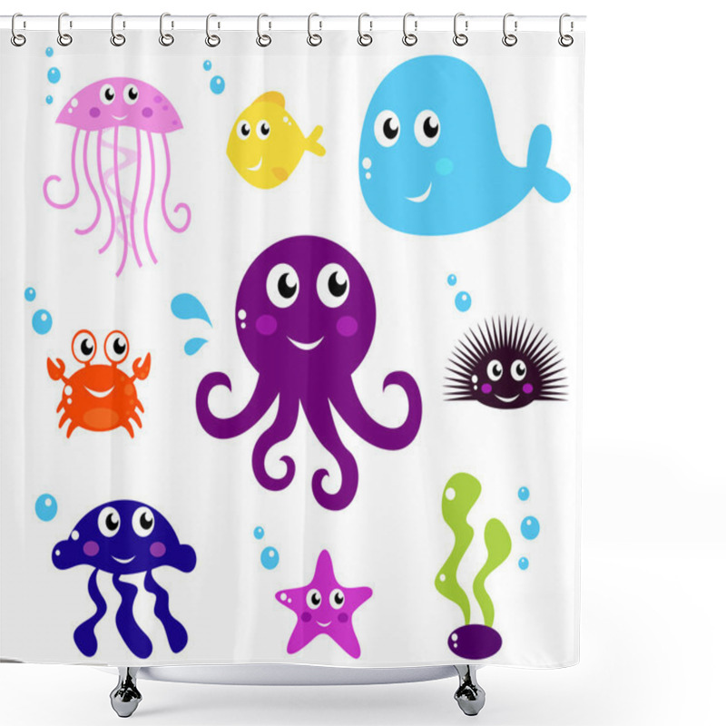 Personality  Cartoon Sea Animals, Fishes Or Creatures Icons Isolated On White Shower Curtains