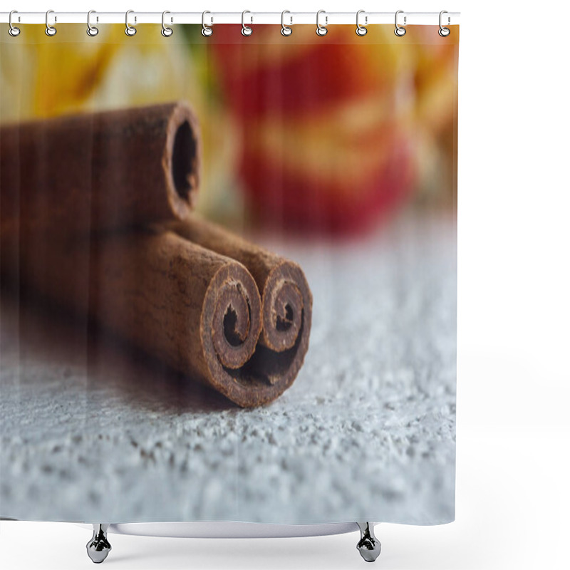 Personality  Twisted Cinnamon Sticks Close-up On A White Table Background. Seasoning And Flowers Close Up. Copy Space. Spice Shower Curtains