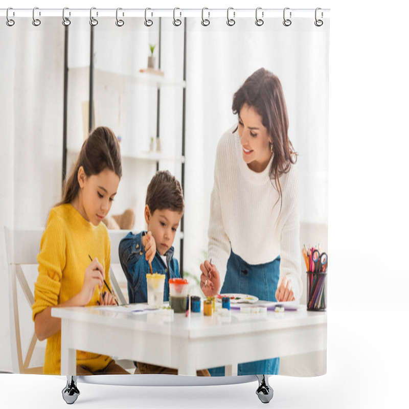 Personality  Happy Woman Standing Near Table And Drawing With Paints Together With Children Shower Curtains