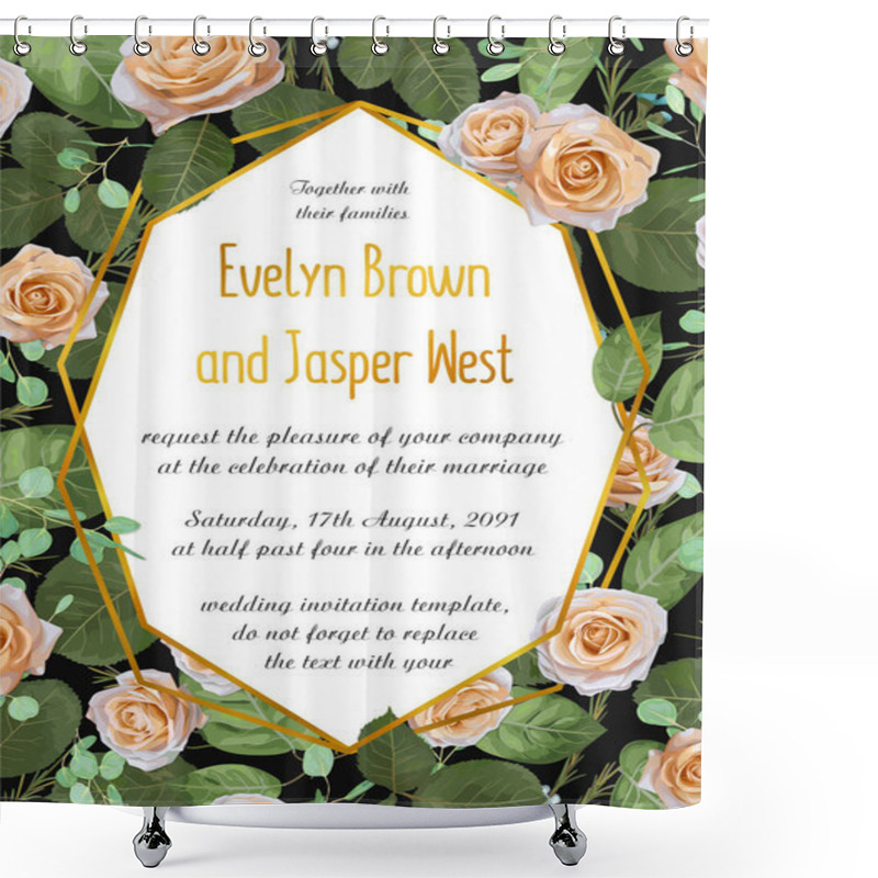 Personality  Vector Floral Wedding Invite Card Design With Roses With Eucalyptus Branches And Blue Wax Flowers & Golden Geometrical Frame. Elegant, Tender Cute Anniversary Template. Copy Spac Shower Curtains