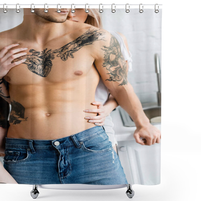 Personality  Cropped View Of Woman Touching Chest Of Muscular Tattooed Boyfriend In Kitchen  Shower Curtains