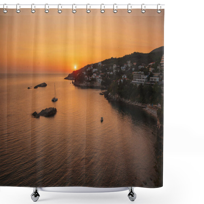 Personality  A Serene Sunset Over A Coastal Town With A Calm Sea And Anchored Boats. Shower Curtains