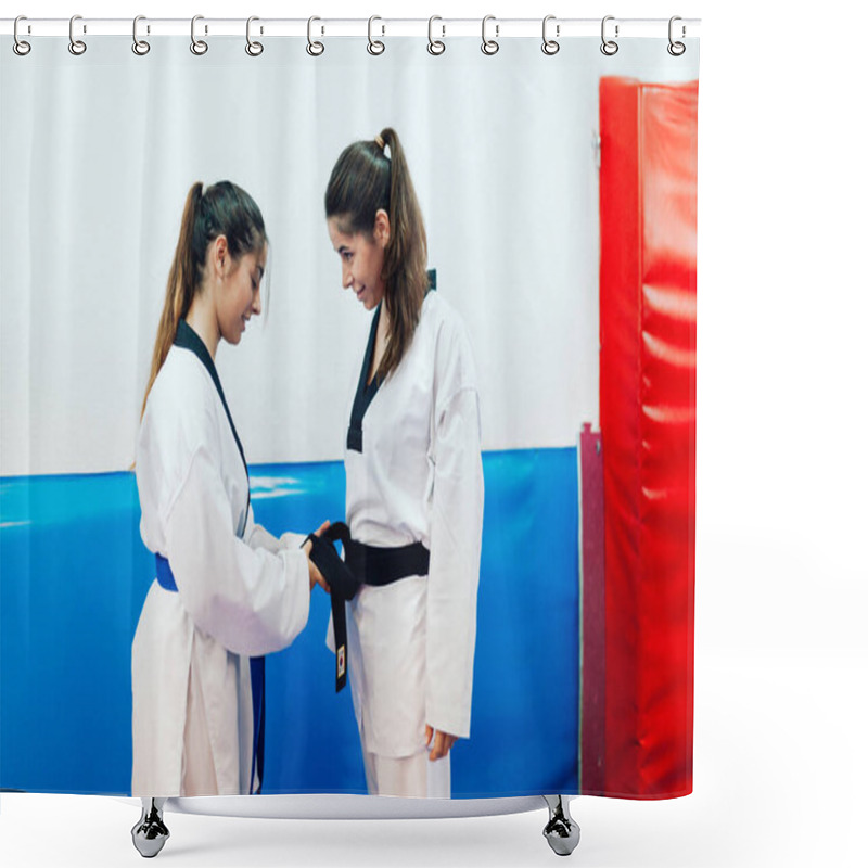 Personality  Two Young Women Dress Each Other In Their Taekwondo Kimono Shower Curtains