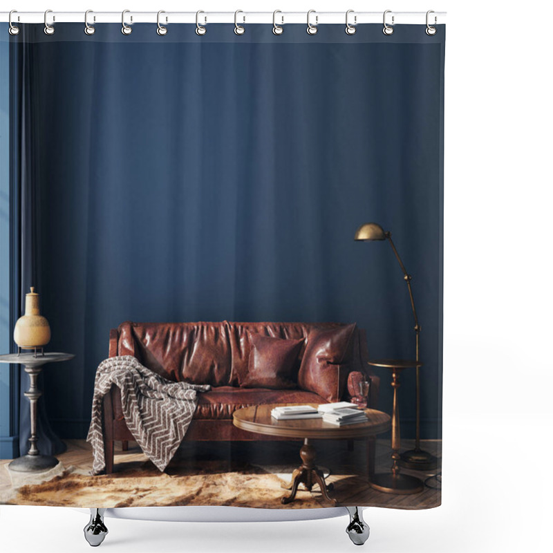 Personality  Dark Blue Home Interior With Old Retro Furniture, Hipster Style, 3d Render Shower Curtains