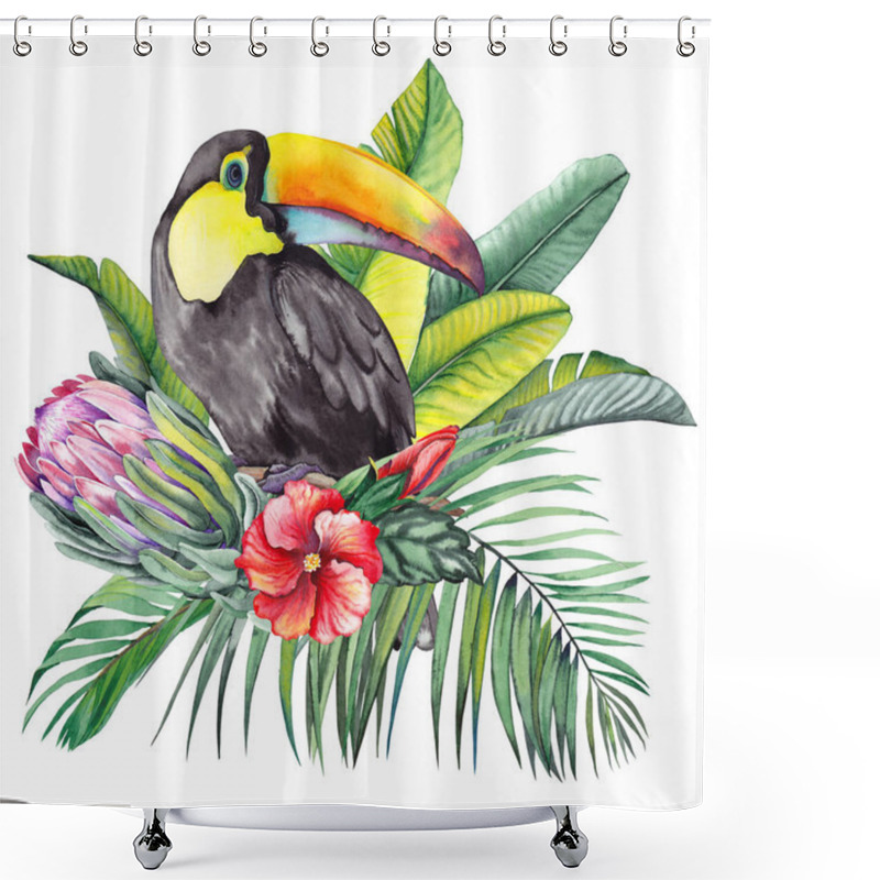 Personality  Toucan Bird With Exotic Protea Flower, Hibiscus, Palm And Banana Leaves. Watercolor On White Background.  Shower Curtains