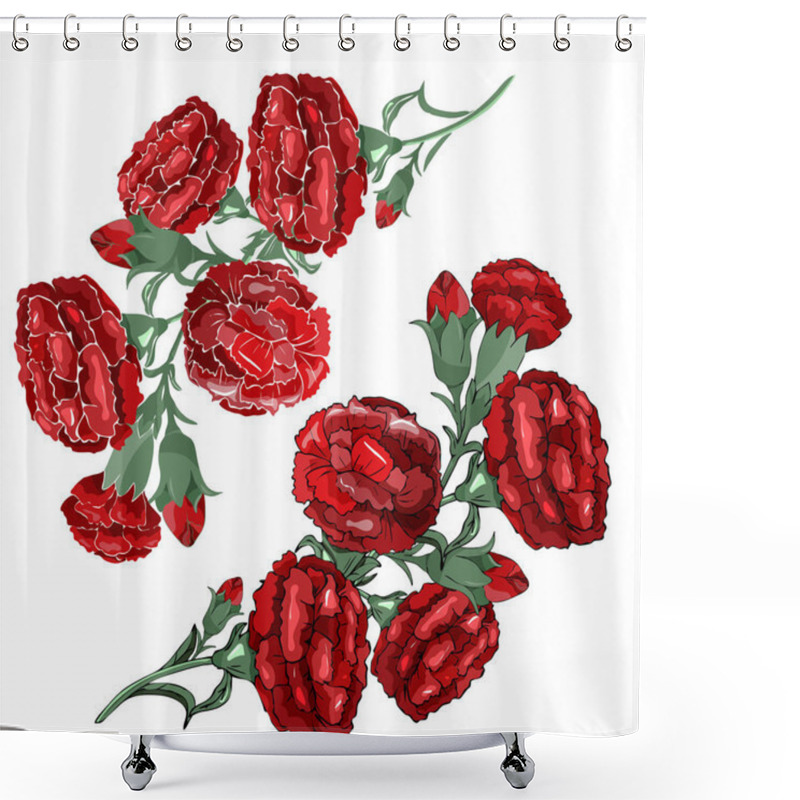 Personality  Set Of Carnation Schabaud, White, Pink Flowers, Green Stems, Leaves On White Background Shower Curtains