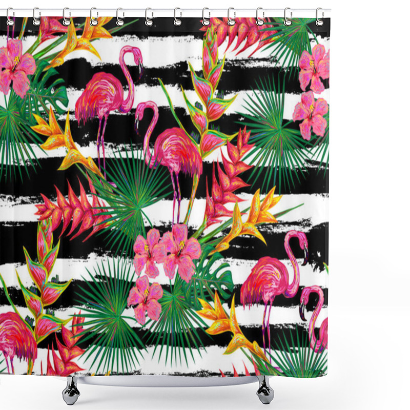 Personality  Seamless Pattern With Flamingos And Flowers  Shower Curtains