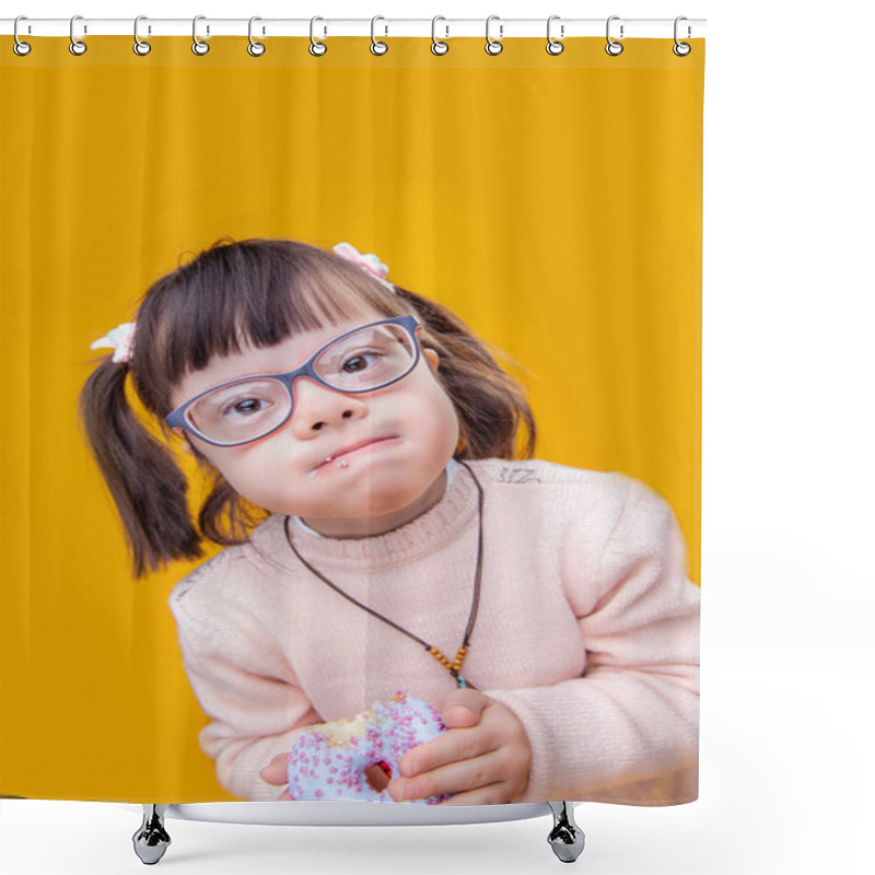 Personality  Interested Little Child Wearing Clear Glasses And Having Mouth Full Shower Curtains