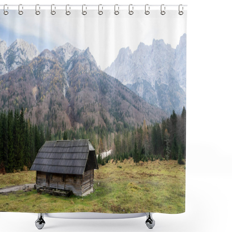 Personality  Drone Aerial Of Wooden Mountain Hut Overlooking Autumn Valley In The Julian Alps, Slovenia. Holiday Wooden House Shower Curtains