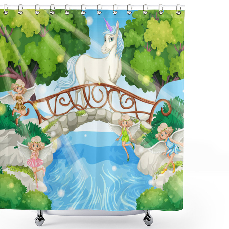 Personality  Unicorn And Fairies In Fantasy Forest Illustration Shower Curtains