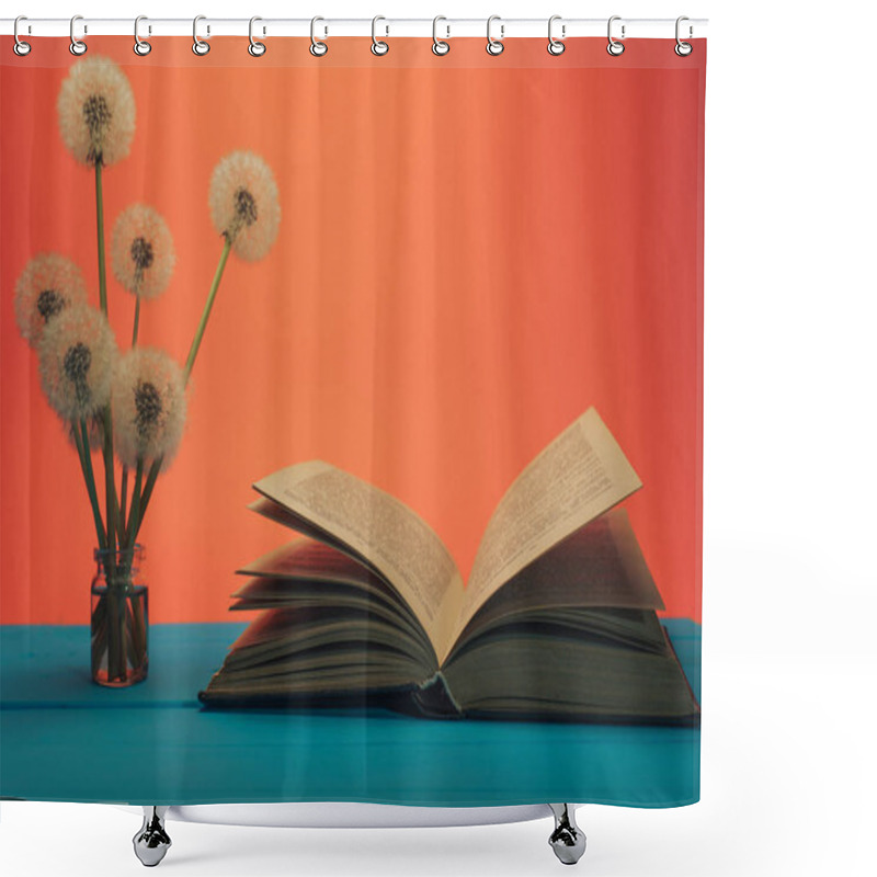 Personality  Open Book  Flower Dandelion In Vase On A Blue Wooden Table And Coral Orange Background. Shower Curtains