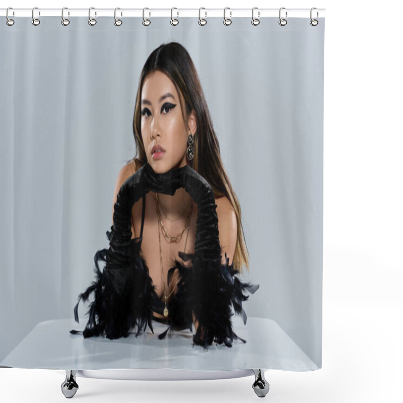 Personality  Asian Woman In Black Feather Gloves Leans On White Surface, Gazes At Camera. Shower Curtains