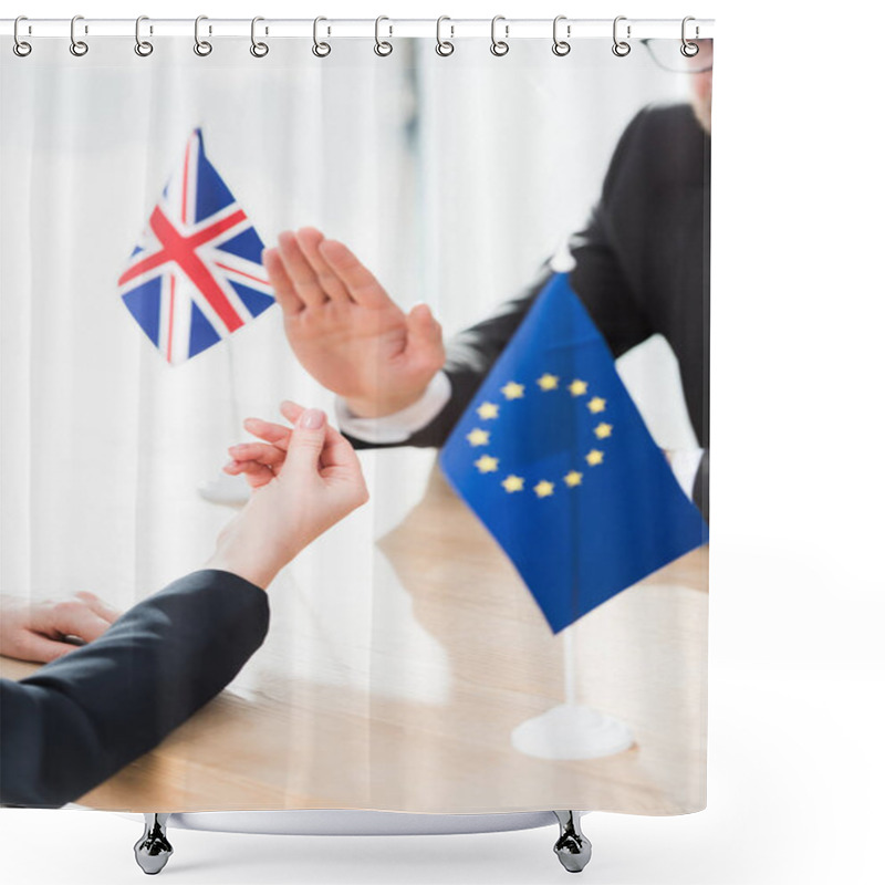 Personality  Cropped View Of Diplomat Of European Union Showing Money Gesture Near Ambassador Of United Kingdom Shower Curtains