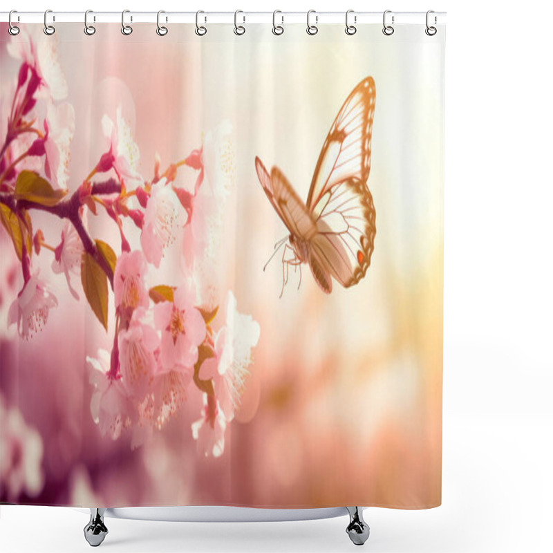 Personality  Spring Background With Pink Blossom And Fly Butterfly. Beautiful Nature Scene With Blooming Tree And Sun Flare Shower Curtains