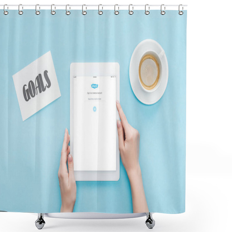 Personality  Cropped View Of Female Using Digital Tablet With Skype App On Screen, Goals Lettering On Card And Coffee On Blue Background Shower Curtains