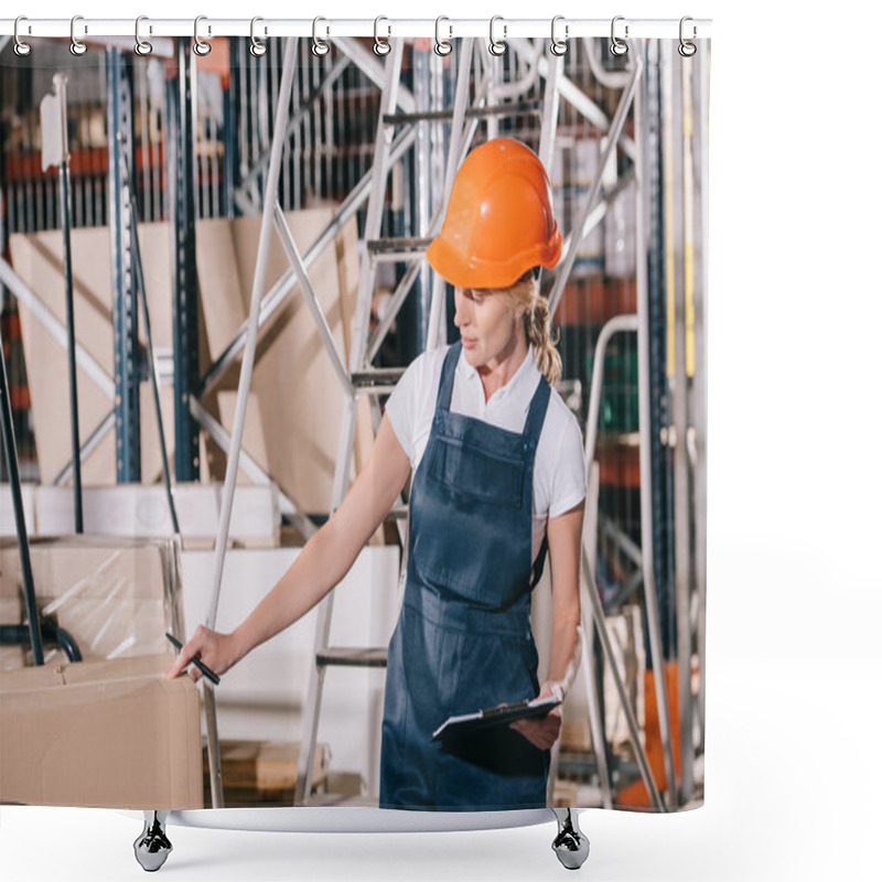 Personality  Workwoman In Overalls And Helmet Holding Clipboard While Checking Cardboard Box Shower Curtains