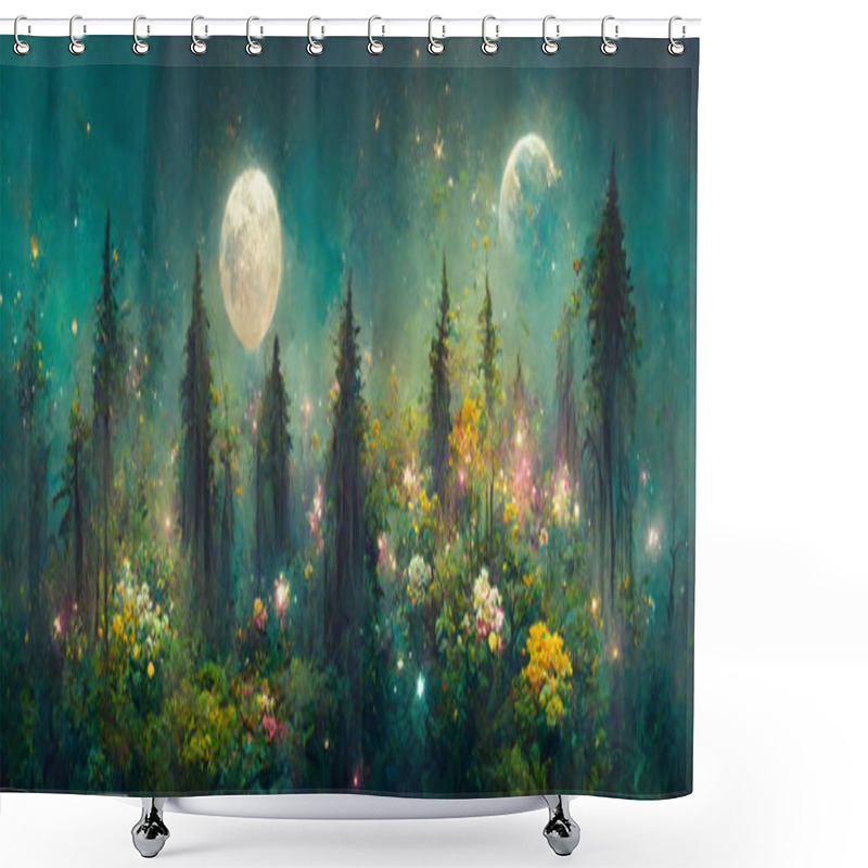 Personality  Night Landscape Environment Harvest Moon Over A Glittering Lake Lush Vegetation Birchwood Trees, Flowers, Magical Galaxy. 3d Drawing Digital Art Shower Curtains