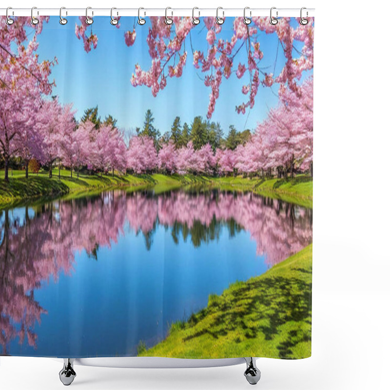 Personality  Spring Haven: A Tranquil Field Of Cherry Blossoms Surrounds A Crystal-clear Pond Under A Soft Morning Sky, Blending Pastel Shades Of Pink, Orange, And Blue. Scattered Petals Float Gently On The Water. Shower Curtains