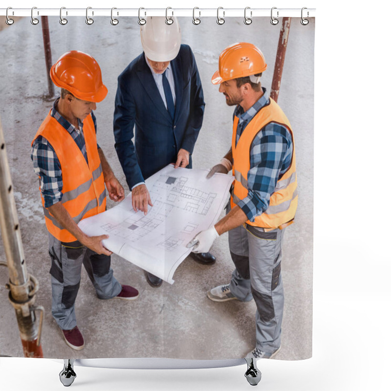 Personality  Overhead View Of Builders And Businessman Holding Blueprint  Shower Curtains