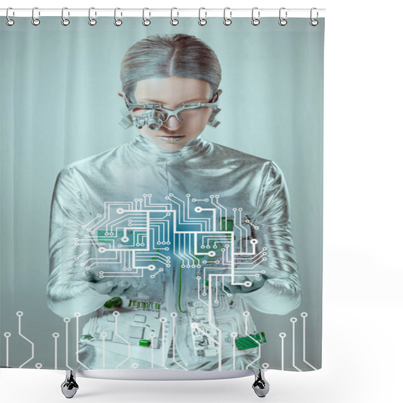 Personality  Futuristic Silver Cyborg Looking At Circuit Board Isolated On Grey, Future Technology Concept  Shower Curtains