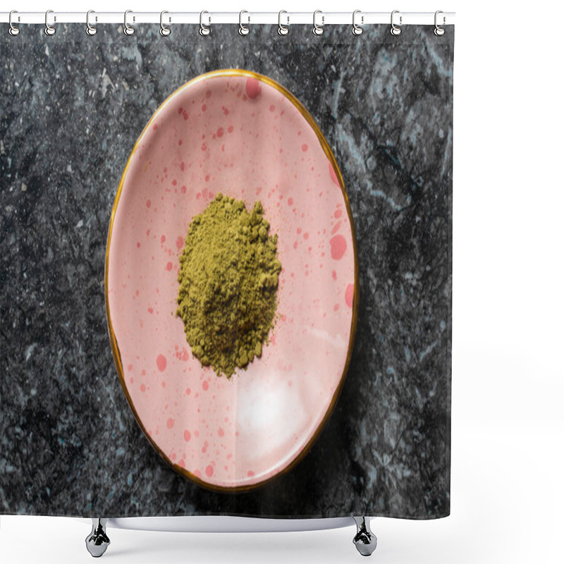 Personality  Pile Of Green Kratom Powder In A Small Ceramic Rose Plate On The Back Rocky Texture Photo From Top Flat Lay Shower Curtains