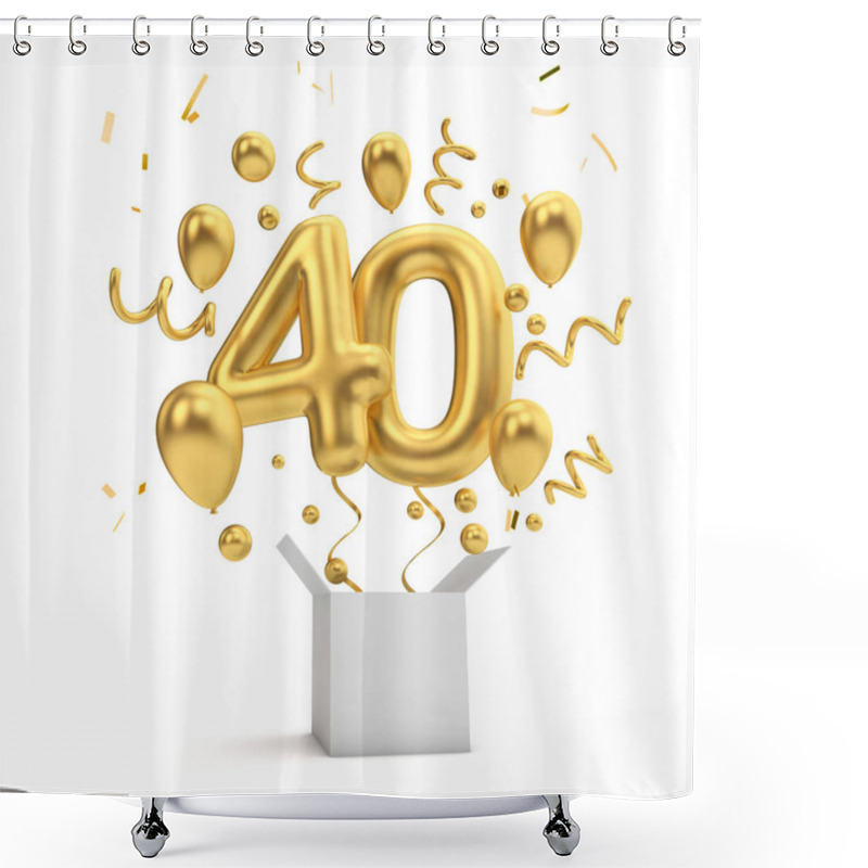 Personality  Happy 40th Birthday Gold Surprise Balloon And Box. 3D Rendering Shower Curtains